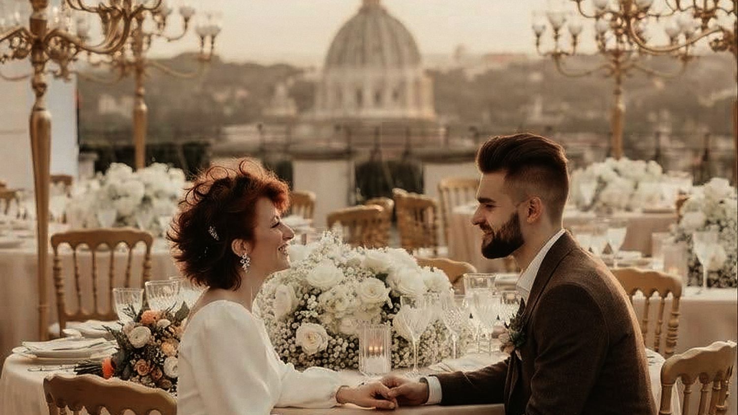 Dinner at dusk, candelabras and the skyline behind