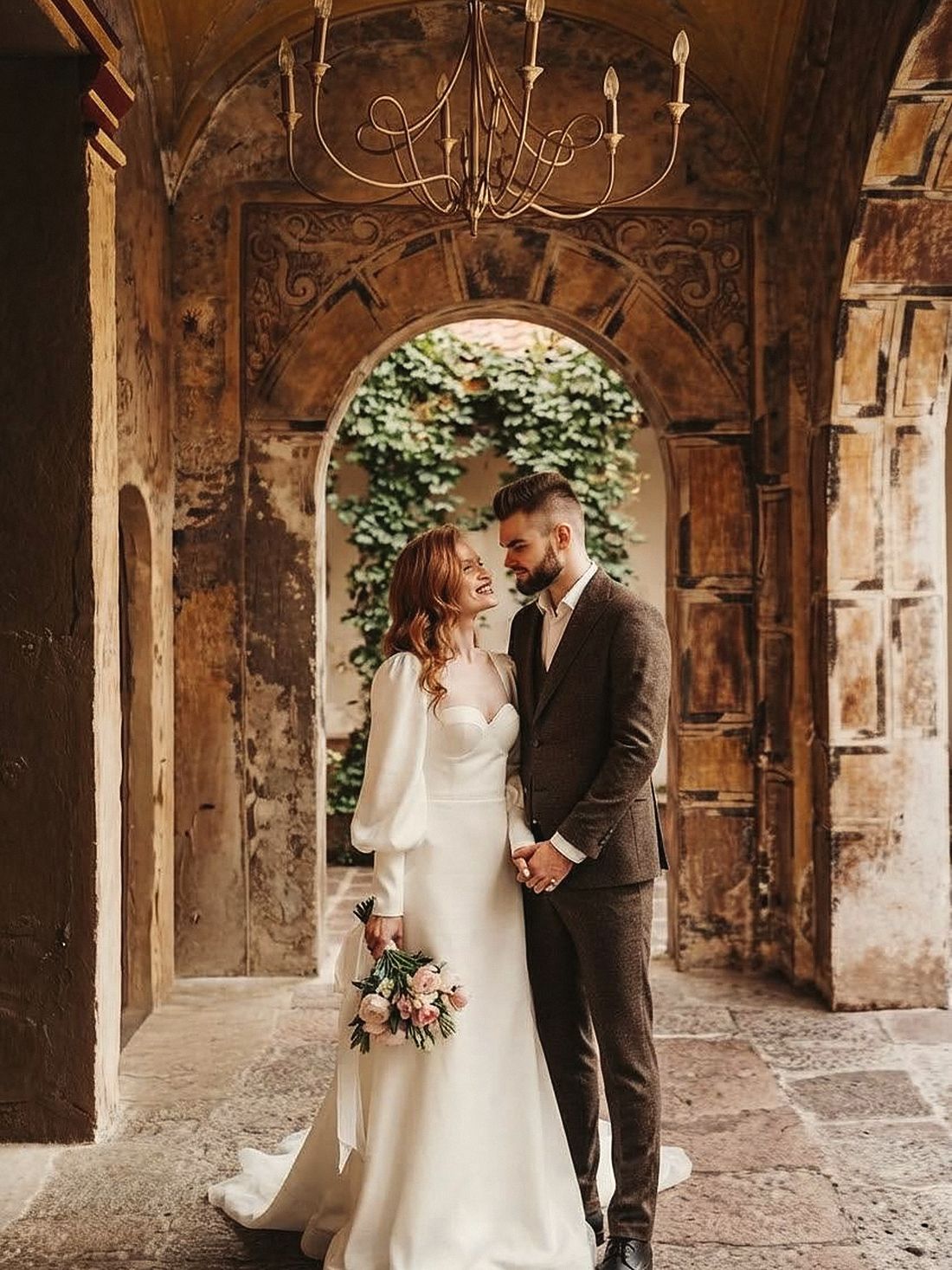 The couple under the carved arch of a quinta loggia