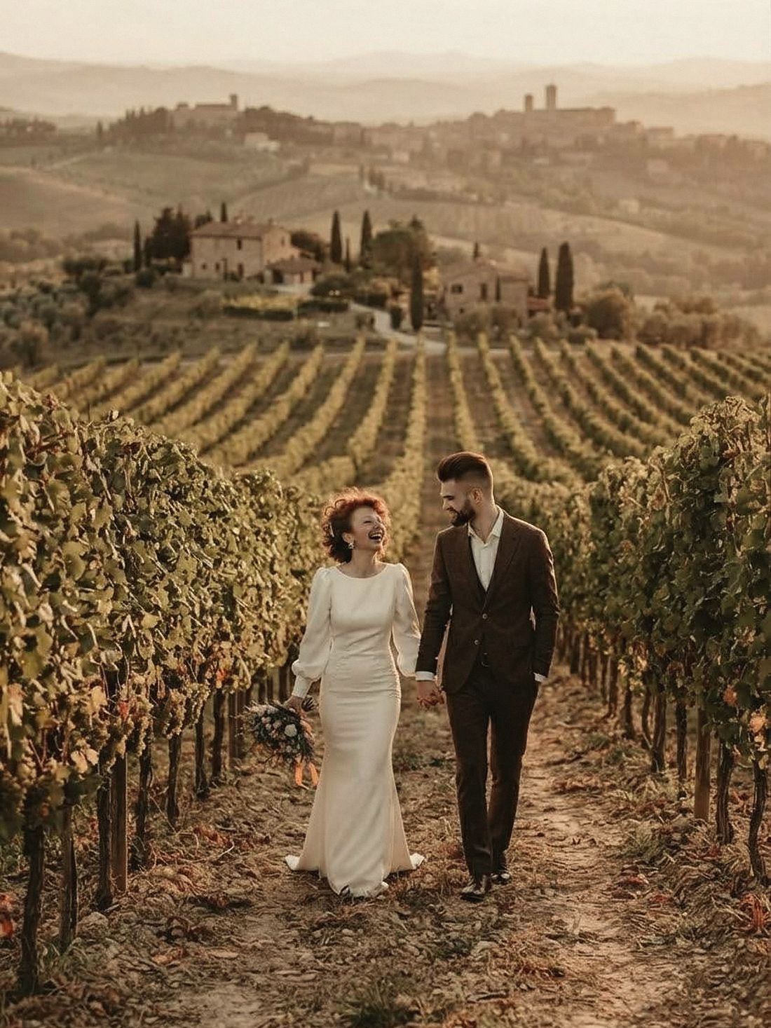 Hand in hand down the vine rows, the hill town behind